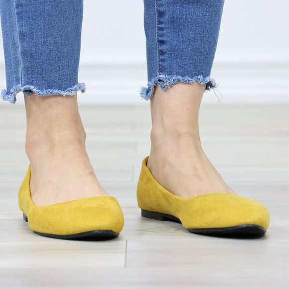 Mustard Yellow Faux Suede Wide Pointy Toe Slip On Flat Shoes - Picture 2 of 12